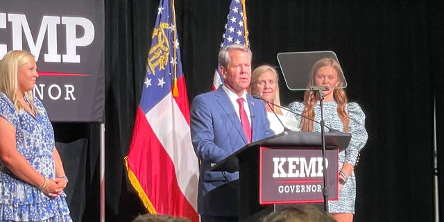 Gov. Brian Kemp celebrates his primary night renomination victory, on May 24, 2022, in Atlanta.