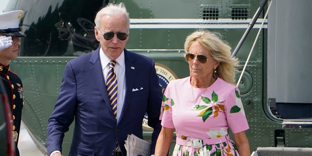 President Biden and first lady Jill Biden exit Marine One at Charleston Executive Airport in South Carolina on Wednesday, Aug. 10.