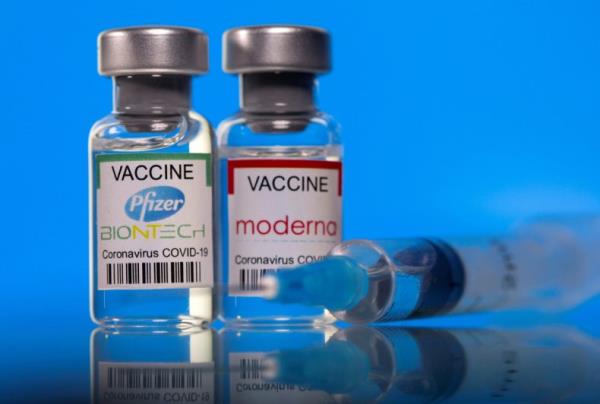 Picture illustration of vials with Pfizer-Bio<em></em>nTech and Moderna coro<em></em>navirus disease (COVID-19) vaccine labels